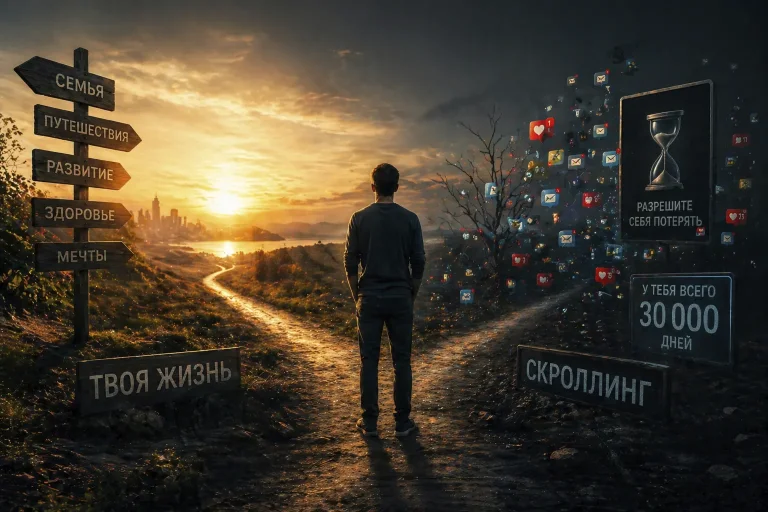 Человек стоит перед выбором на что ему потратить годы своей жизни: на себя или на социальные сети?